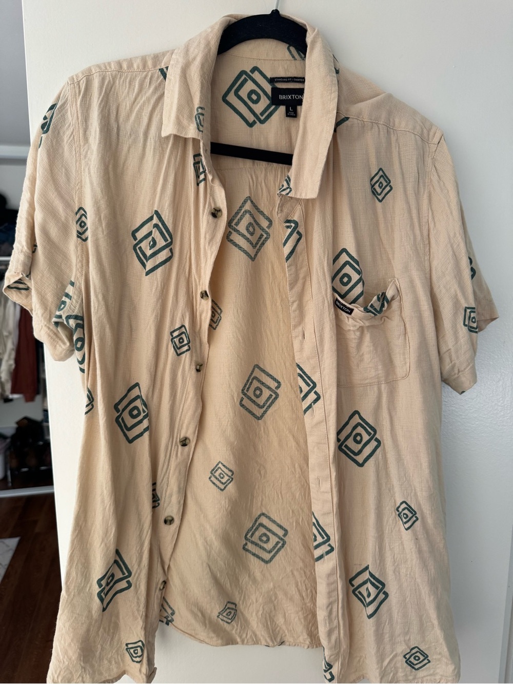 Brixton Beige Short-Sleeve Button-Up with Green Geometric Print
